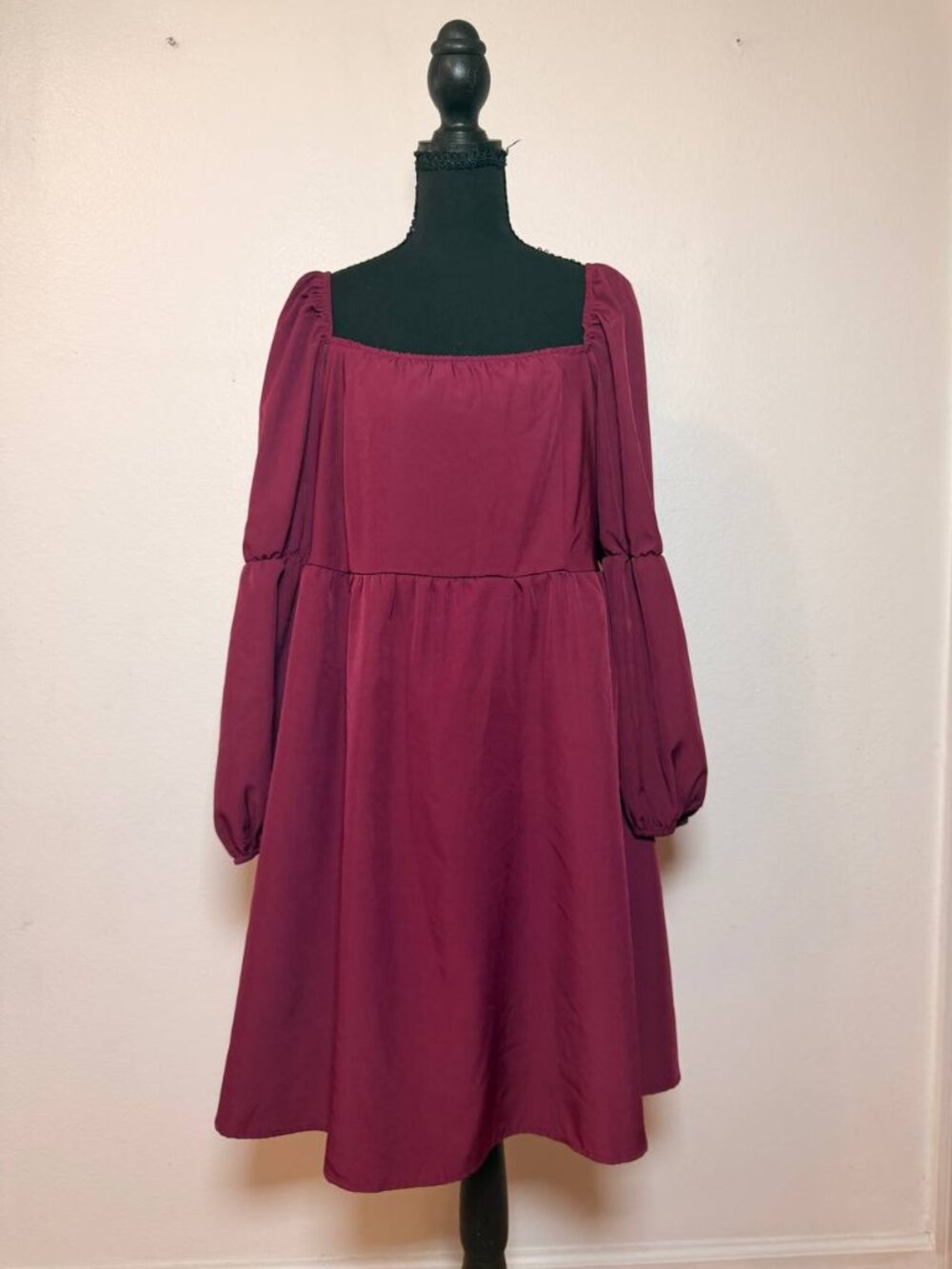 Exclura Burgundy Babydoll Dress Square Neck Puff Sleeve Smocked Cottagecore 2XL